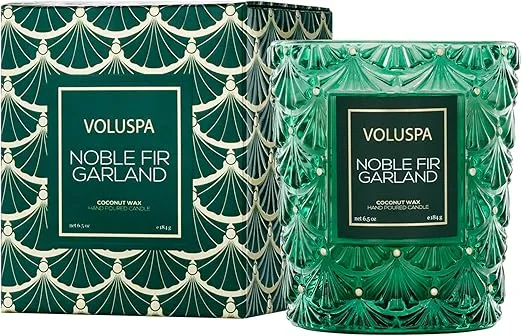 Voluspa Noble Fir Garland Boxed Candle, 6.5 oz, Coconut Wax Blend, Christmas Scented Candles for Home, 40 Hour Burn Time, Poured in The USA