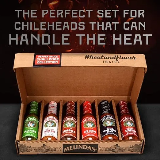 Melinda’s Pepper Sauce Challenge Collection - Extra Spicy Gourmet Hot Sauce Gift Set with Variety of Chile Peppers - Includes Jalapeño, Extra Hot Habanero, Chipotle, Red Savina, Ghost, Scorpion- 5 oz, 6 Pack