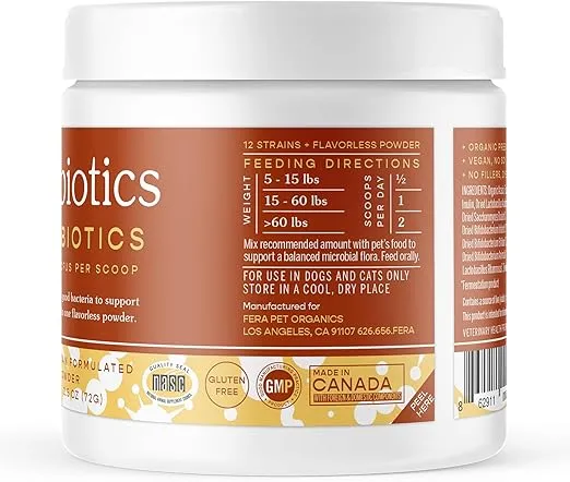 Fera Pet Organics Probiotics for Dogs & Cats - Vet Created - Cat & Dog Probiotic Supplement - 12 Strains & Prebiotics for Pet’s Digestion - 60 Scoops