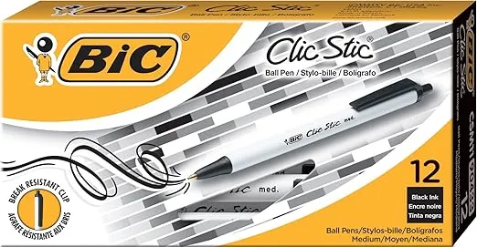 BIC Clic Stic Black Retractable Ballpoint Pens, Medium Point (1.0mm), 12-Count Pack, Round Barrel Design for Comfortable Writing