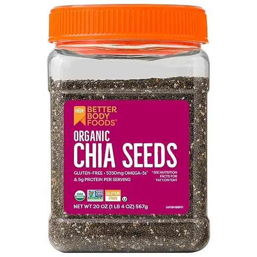 BetterBody Foods Organic Chia Seeds with Omega-3, Non-GMO, Gluten Free, Keto Diet Friendly, Vegan, Good Source of Fiber, Add to Smoothies, 1.25lb