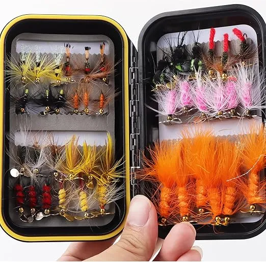 Fly Fishing Flies Assortment Kit Dry Wet Nyphms Tenkara Popper Streamer Woolly Bugger for Trout Bass Salmon Steelhead with Fly Box