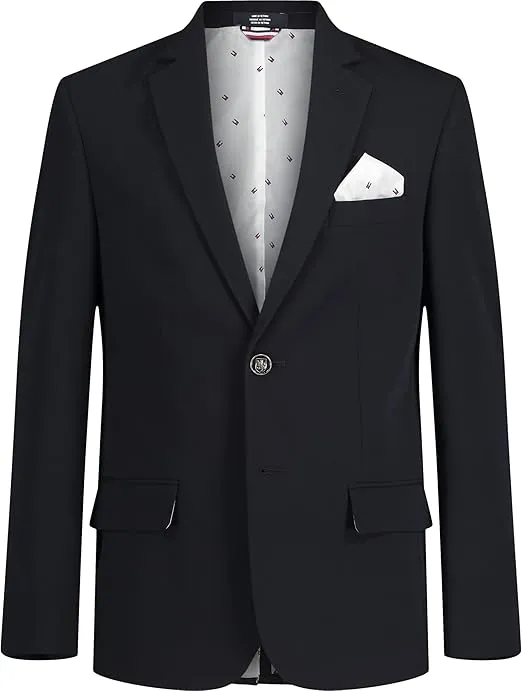 Tommy Hilfiger Boys' Bi-Stretch Alexander Blazer, Single Breasted with Pocket Square, Solid Color with Flag Print Lining