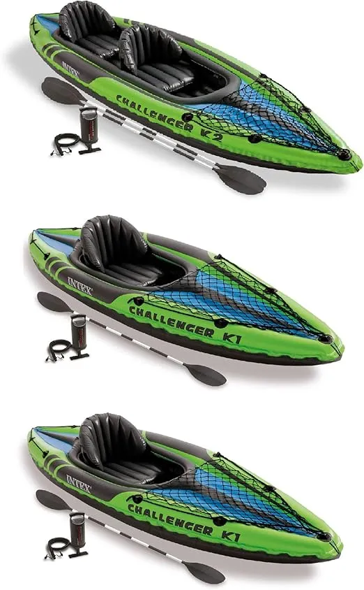 Intex Challenger K2 2 Person Inflatable Kayak and Challenger K1 1 Person Inflatable Kayaks with Aluminum Oars and Hand Pump, (2 Pack)