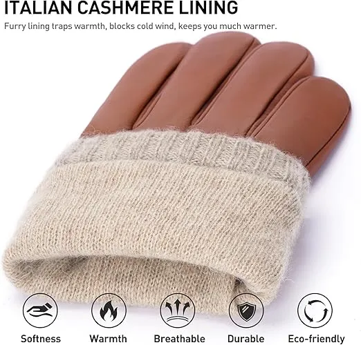 BISON DENIM Sheepskin Leather Gloves for Men, Winter Warm Touchscreen Gloves with Cashmere Lining, Driving Motorcycle Gloves