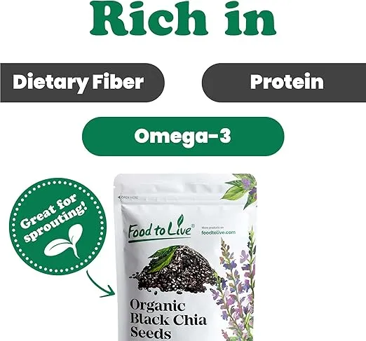 Organic Black Chia Seeds, 3 Pounds – Non-GMO, Whole, Sproutable, Vegan, Kosher, Keto, Sirtfood, Bulk. Rich in Essential Fatty Acids, Fiber, Protein. Great For Chia Pudding, Smoothie, Oatmeal