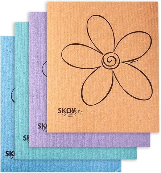 Skoy Cloth, 4-pack Versatile Swedish Dishcloths for Kitchen and Household Use, Reusable Cleaning Cloths, Planet-Friendly, Dishwasher and Dryer-Safe, Assorted Colors