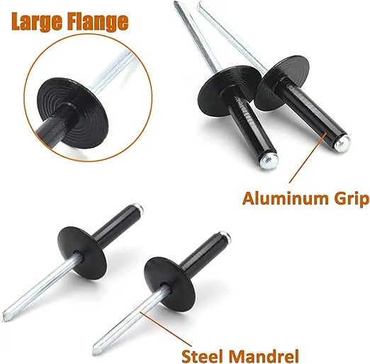 ISPINNER 50pcs 3/16" x 1/2" Large Flange Aluminum Blind Rivets, 4.8 x 12mm Pop Rivets (Black)