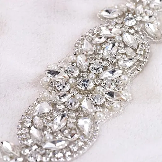 Wedding Sash Belt Bridal Wedding Dress Applique, Bridal Wedding Sash Crystal Belt Pearls Beaded Embellishments for Women Formal Dresses Sewn or Hot Fix - Silver