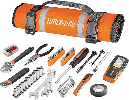 Tool 83 Piece Set with Roll-Up Pouch, Wrenches, Pliers, Work Light, Sockets, and Bits for Motorcycle, Car, Truck, ATV - 240119