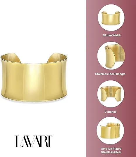 Lavari Jewelers 1.5 Inches Wide Open Plain Cuff Bangle Bracelet for Women I 6.75 Inches Long Bracelet I Ion Plated Stainless Steel or Satin Finish Bangle for Her I Wide Bracelet
