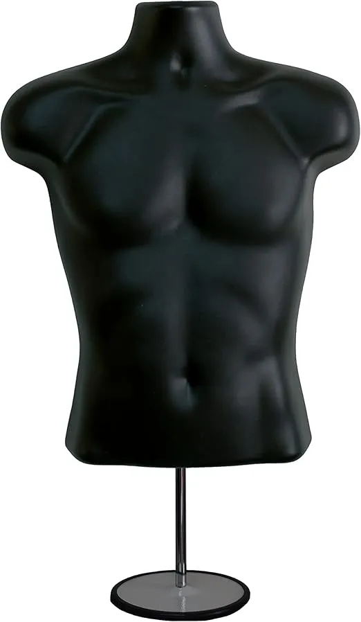 Male Mannequin Torso with Stand Dress Form Tshirt Display Countertop Hollow Back Body S-M Clothing Sizes Black