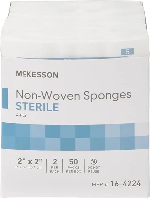 McKesson Non-Woven Sponges, Sterile, 4-Ply, Polyester/Rayon, 2 in x 2 in, 2 per Pack, 1500 Packs, 3000 Total