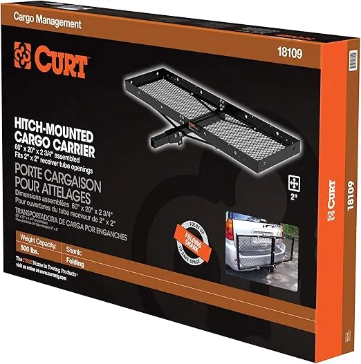 CURT 18109 60 x 20-Inch Tray Hitch Cargo Carrier, 500 lbs Capacity, Black Steel, 2-in Folding Shank