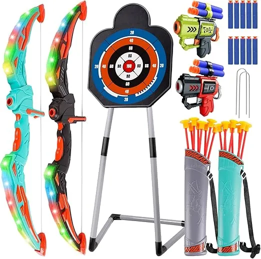 2 Pack Bow and Arrow Toy for Ages 5-7 8-12 Boys Kids Archery Set with LED Light Up Outdoor Indoor Sport Toys for 5 6 7 8 9 10 11 12 Year Old Boys Girls Gifts