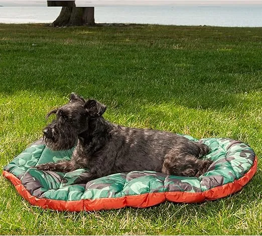 Furhaven Outdoor Travel Dog Bed for Small Dogs w/ Carry Bag, Washable & Foldable, Great for Crates & Kennels - Trail Pup Travel Pillow Mat w/ Stuff Sack Bag - Paprika/Camo-Paw, Small