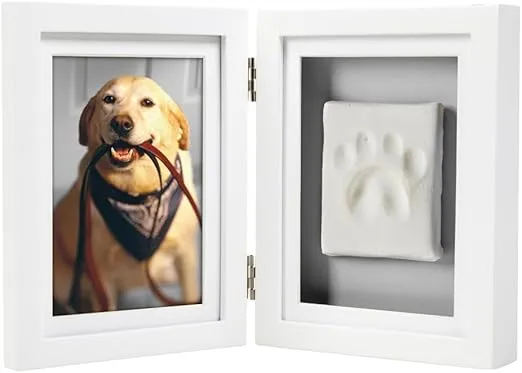 Pearhead Pet Paw Print Photo Frame With Clay Imprint Kit, Pawprint Making Kit, Cat Or Dog Memorial Keepsake Gift, Pet Home Décor, Wooden Tabletop Picture Frame, Solid White