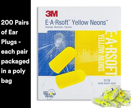 3M Ear Plugs, E-A-Rsoft Yellow Neons 315-1250, 200 Pair of Disposable Earplugs, Pairs Individually Wrapped, Regular Size, Uncorded, 33 NRR, Tapered Cylinder Shape, Slow Recovery Foam