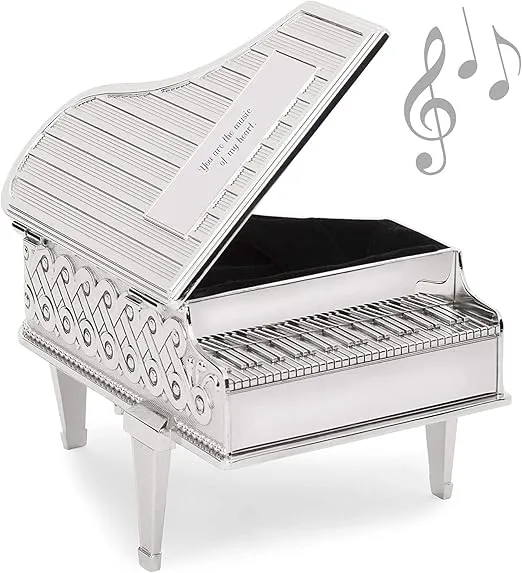 THINGS REMEMBERED Engraved Silver Tone Piano Shaped Music Box (Free Customization)