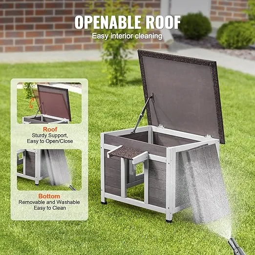 VEVOR Outdoor Cat House Weatherproof, Feral Cat Shelter for Multiple Cats, Outdoor Wooden Cat Rabbit House with a Window, Open Roof and PVC Door Flaps, 24" L x 21" W x 18" H