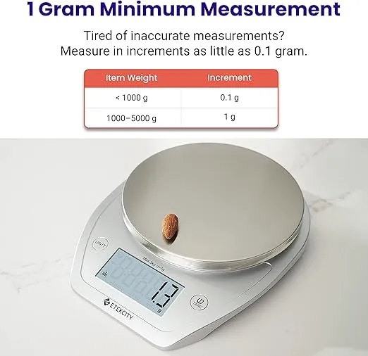 Etekcity 0.1g Food Kitchen Scale, Bowl, Digital Grams and Ounces for Weight Loss, Dieting, Baking, Cooking, and Meal Prep, 11lb/5kg, Stainless Steel Silver