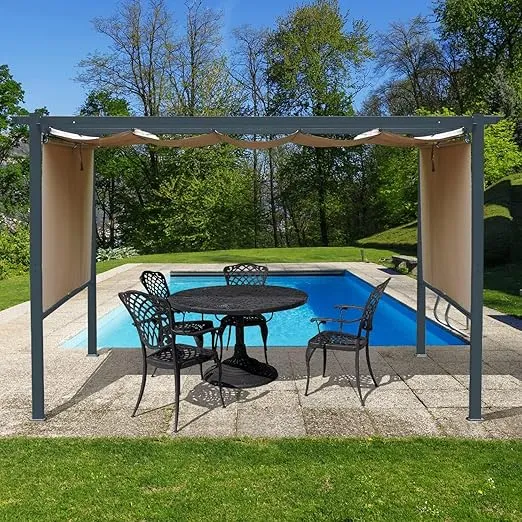 Aoodor 10 x 12 FT Outdoor Pergola with Retractable Canopy, Aluminum Frame, 2 Sides Patio Sun Shade Shelter for Backyard, Deck - Dark Brown