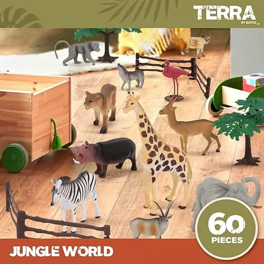 Terra by Battat – 60 Pcs Jungle World Animal Playset - Educational Toys for 3+ Year Old Kids - Realistic Plastic Animal Figurines and Accessories - Giraff, Lion, Tiger, Zebra, Gorilla & More