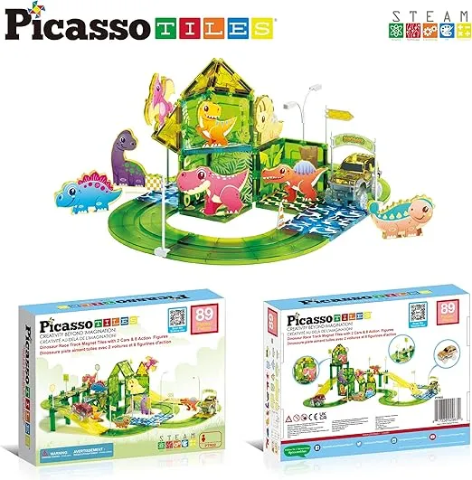PicassoTiles Dinosaur Magnet Tile Race Car Track with 8 Magnetized Action Figures 2 Cars Accessory Street Sign Kit Magnetic Tiles Construction Building Block Pretend Play Education Toy Ages 3+ PTR02