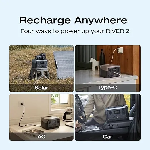 EF ECOFLOW Portable Power Station RIVER 2, 256Wh LiFePO4 Battery/ 1 Hour Fast Charging, 2 Up to 600W AC Outlets, Solar Generator (Solar Panel Optional) for Outdoor Camping/RVs/Home Use