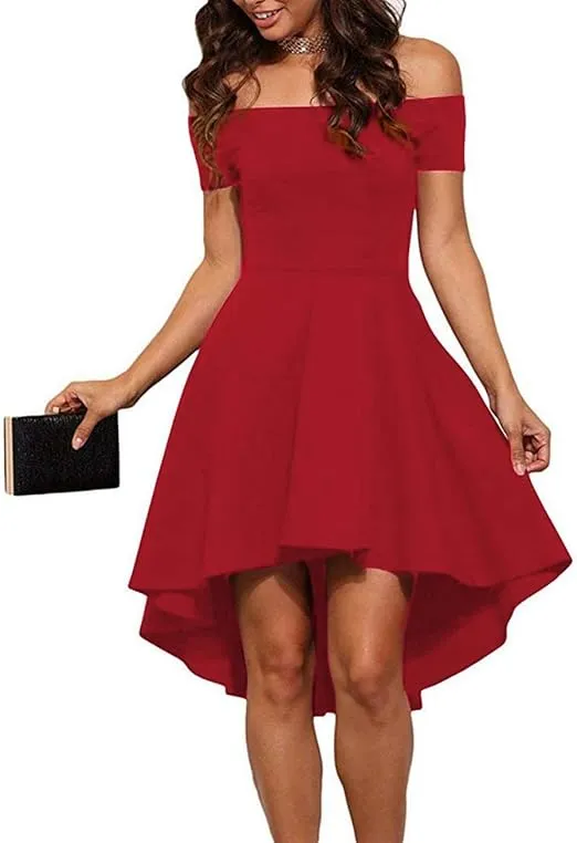 Sarin Mathews Womens Off The Shoulder Short Sleeve High Low Cocktail Skater Dress