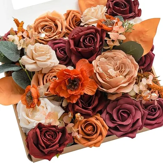 Ling's Moment Burgundy Artificial Flowers Greenery Grand Box Set, Burnt Orange Fake Flower for DIY Wedding Bridal Bouquet, Centerpieces Decor, Floral Arrangement Decor, etc.