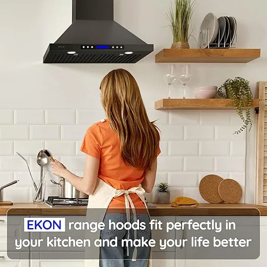 Range Hood, EKON NAP02 Black 900CFM Wall Mount Range Hood Ducted/Ductless Convertible Kitchen Chimney Vent, 4 Speeds Touch Control/Remote,Delay Shut Off Function,Dishwasher-safe Filters (NAP02-30IN)
