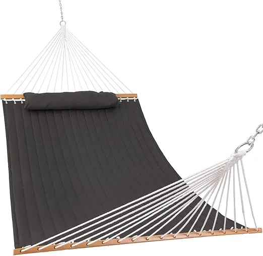 Lazy Daze Hammocks 12 FT Quilted Fabric Hammock with Spreader Bar, 2-Person Double Hammock with Chains and Pillow, Outdoor Hammock for Outside Patio Poolside Backyard Beach, 450 lbs Capacity, Gray