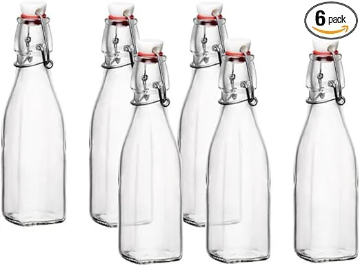 Bormioli Rocco Set Of 6 Square Swing Top Glass 8.5 Oz. Bottles With Airtight Hermetic Lid, Bottles Kombucha, Beer, And Limoncello, Dishwasher Safe, Made In Italy.