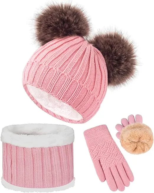 3 Pcs Kids Winter Knitted Beanie Hat Scarf Gloves Set Warm Soft Thick Fleece Lining for Girls 1-10 Years