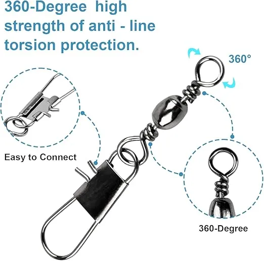 ReeMoo 200PCS Fishing Rolling Ball Bearing Barrel Swivel with Safety Snap Connector Fishing Accessories #2#4#6#8#10