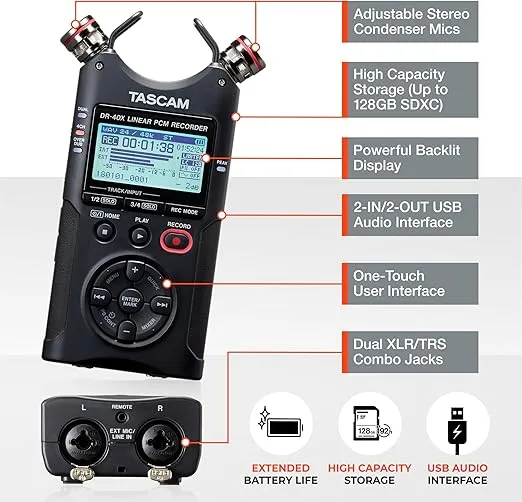 TASCAM DR-40X 4-Track Portable Handheld Field Recorder — 2 XLR/TRS Inputs, USB Audio Interface, Dual Adjustable Microphones for Stereo/Multitrack Recording of Music, Audio for Video and Podcasting