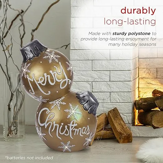 Alpine Corporation Holiday Merry Christmas Stacked Ornaments Statue with Color Changing LED Lights, Gold
