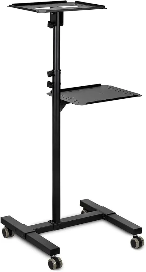 Mount-It! Mobile Projector and Laptop Stand (2 Shelves), Rolling Cart with Ventilated Tray, Heavy Duty, Height Adjustable Laptop and Projector Presentation Trolley, Black