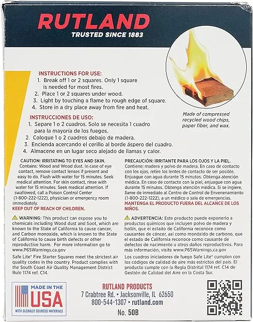 Rutland 50B Safe Lite Fire Starter Squares for Fireplaces, Grill Pits, Campfires, BBQ & Smokers - Longer Burn - 144 Squares