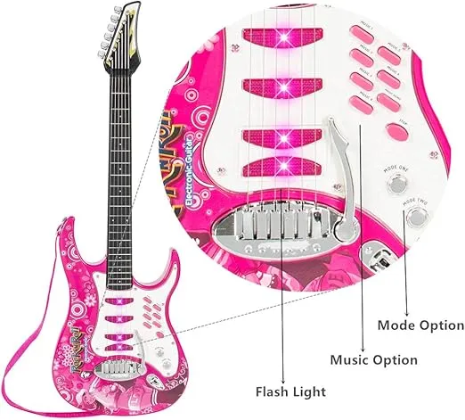 iMeshbean Electric Toy Guitar Kit Set Toy for Kids Girls Boys with Microphone, Wired Amp, AUX (Pink)