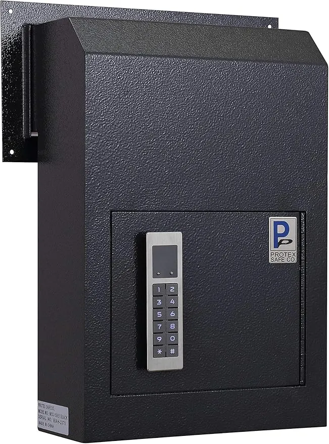 Protex Through Door Drop Box (WSS-159E II)-Black, for keys, car remotes, cash, checks and envelopes, electronic lock, Metal baffle, Pre-drilled mounting holes,double steel door, adjustable metal frame