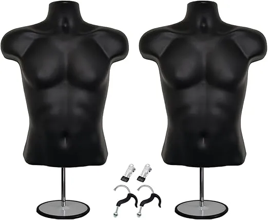 DisplayTown 2 Black Male Mannequin Hollow Back Body Torso Set w/ Clothes Clips, Metal Stands and Metal Poles & Hanging Hooks, S-M Sizes