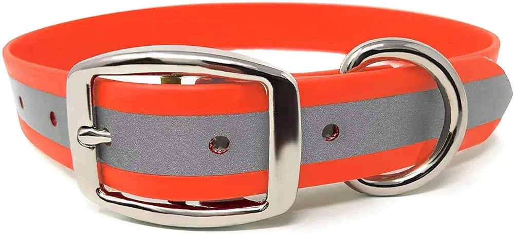 Regal Dog Products Large Orange Reflective Dog Collar with Custom Engraved Name Plate | Waterproof Biothane Personalized Dog Collars with D Ring & Double Buckle - Other Sizes for Small & Medium Dogs