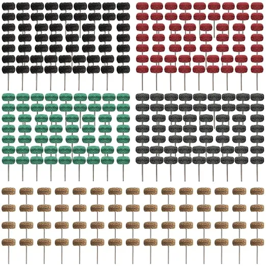 Rocaris 300 Pcs Abrasive Buffing Wheels, 1 inch Abrasive Buffing Polishing Wheels Burr for Rotary Tools-1/8(3mm) Shank, 120Grit, 180Grit, 320Grit, 400Grit, 600Grit