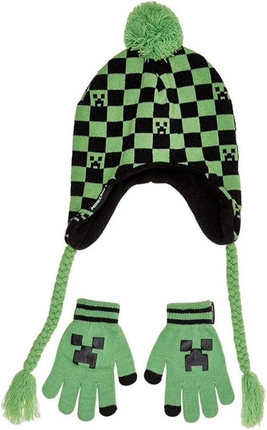 Creeper Checkered Boys Hat and Gloves Winter Set