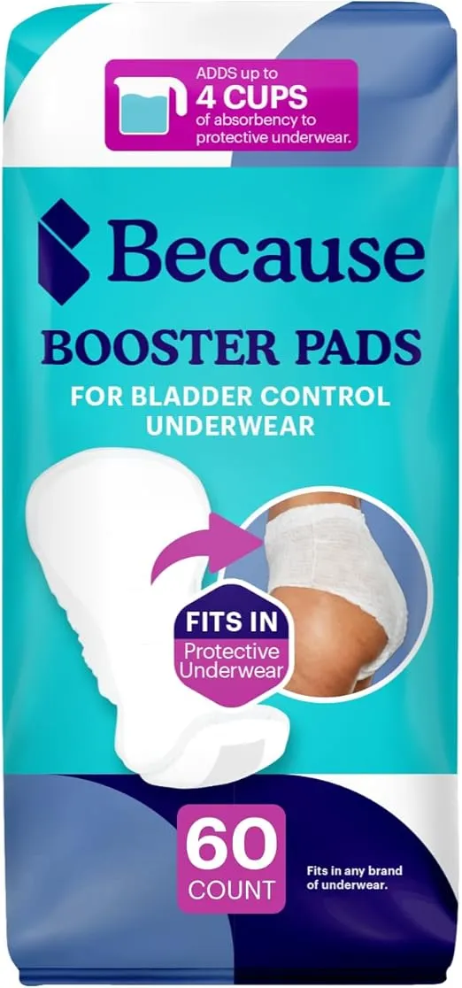 Because Premium Incontinence Booster Pads for Men and Women, Adds Extra Absorbency to Adult Diapers, Super Soft, Adhesive Strip Backing, Unisex, 60 Boosters (3 Packs of 20)