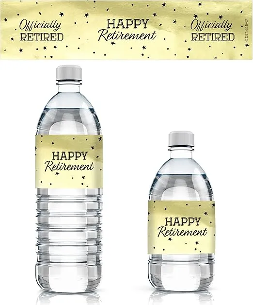 Black and Gold Retirement Party Water Bottle Labels, Shiny Gold Foil Retirement Party Decor - 24 Count