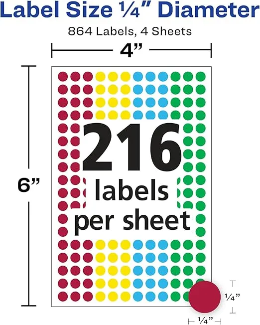Avery See-Through Color-Coding Removable Labels, 1/4 Inch Round Labels, Assorted Translucent Colors, Non-Printable, 864 Dot Stickers Total (5796)