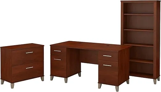 Bush Furniture Somerset 60W Office Desk with Lateral File Cabinet and 5 Shelf Bookcase in Hansen Cherry